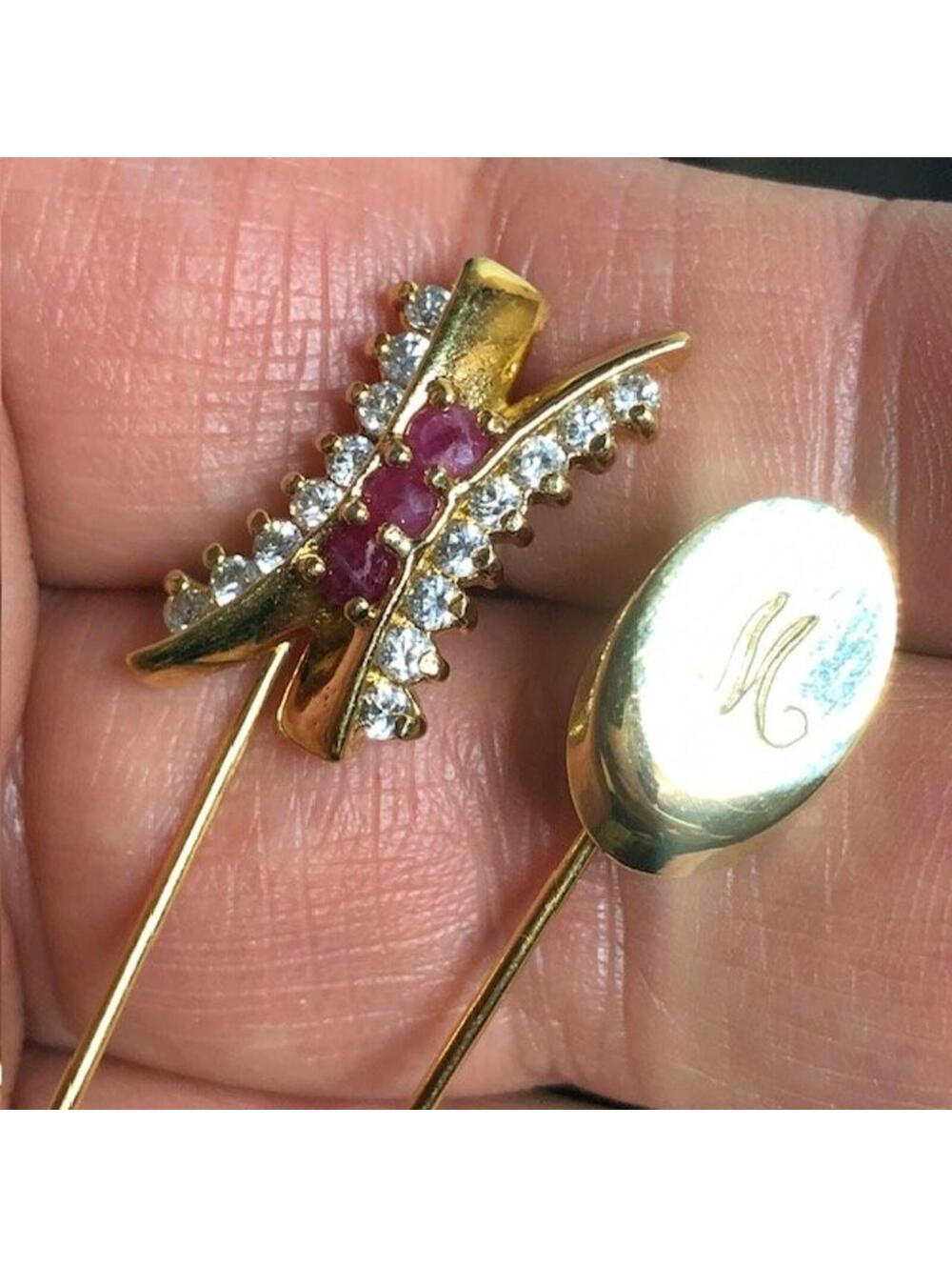 B1232 Lot of 2 Gold Plated Ruby & CZ Stick Pin  & initial M